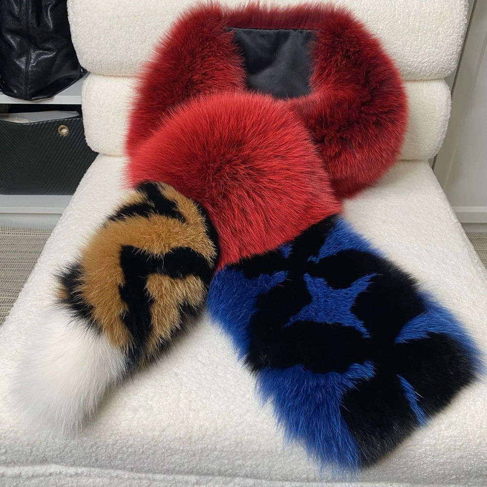 Authentic Fendi Fox Fur Stole Multicolor Red Blue Black Brown Scarf